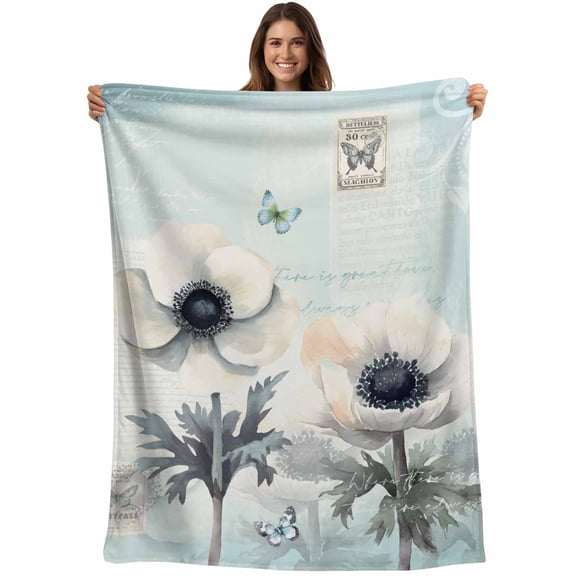 Flannel Fleece Throw Blanket Watercolor Poppy Flower Butterfly Lightweight Soft Plush Blankets,Vintage Letter Texture Cozy Warm Throw Blanket for Couch Sofa Bed Car Office 40x50in