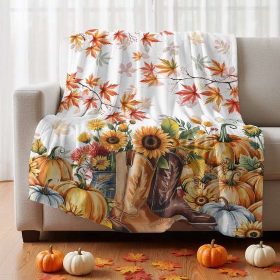 Flannel Fleece Throw Blanket Watercolor Pumpkin Cowboy Boots Lightweight Soft Plush Blankets 30x40in, Rustic Fall Leaf Sunflower Cozy Warm Throw Blanket for Couch Sofa Bed Car Office