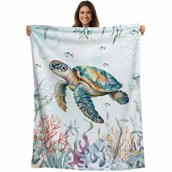 Flannel Fleece Throw Blanket Watercolor Sea Turtle Coral Seaweed Lightweight Soft Plush Blankets,Summer Underwater World Cozy Warm Throw Blanket for Couch Sofa Bed Car Office All Season Use 40x50in