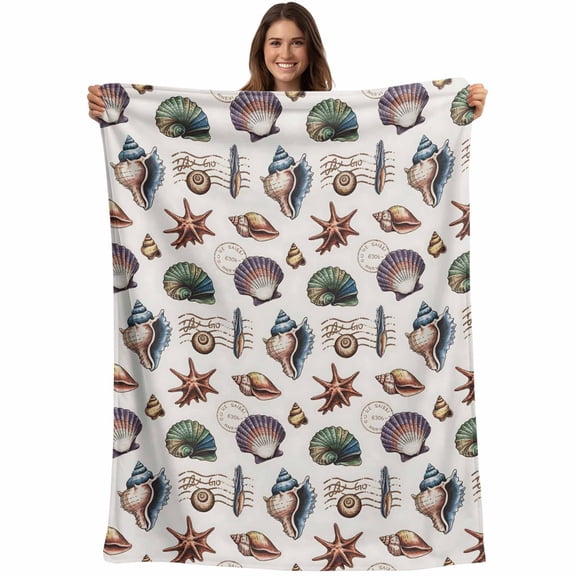 Flannel Fleece Throw Blanket Watercolor Starfish Conch Shell on Retro Lightweight Soft Plush Blankets,Marine Life Cozy Warm Throw Blanket for Couch Sofa Bed Car Office 40x50in