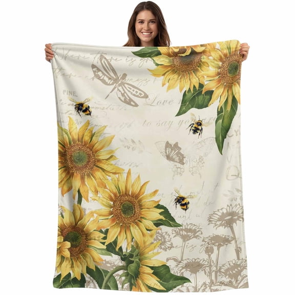 Flannel Fleece Throw Blanket Watercolor Sunflower Bee Dragonfly Lightweight Soft Plush Blankets,Country Floral Retro Letter Cozy Warm Throw Blanket for Couch Sofa Bed Car Office 40x60in