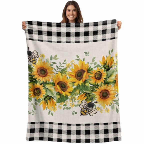 Flannel Fleece Throw Blanket Watercolor Sunflower Bee Green Leaves Lightweight Soft Plush Blankets,Black Buffalo Plaid Cozy Warm Throw Blanket for Couch Sofa Bed Car Office All Season Use 40x50in