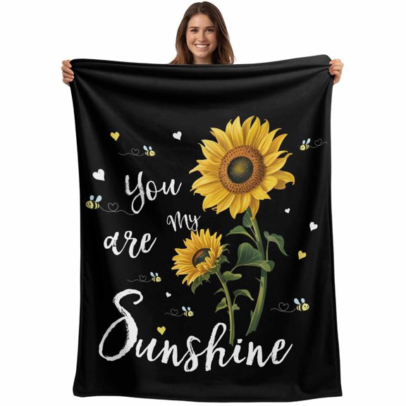 Flannel Fleece Throw Blanket Watercolor Sunflower Bee Love Lightweight Soft Plush Blankets,Sunshine Quote Black Back Cozy Warm Throw Blanket for Couch Sofa Bed Car Office All Season Use 40x50in