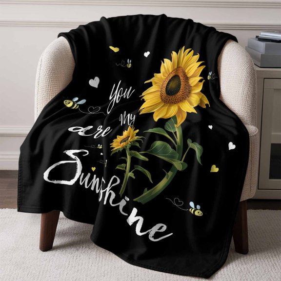 Flannel Fleece Throw Blanket Watercolor Sunflower Bee Love Lightweight Soft Plush Blankets,Sunshine Quote Black Back Cozy Warm Throw Blanket for Couch Sofa Bed Car Office All Season Use 60x80in