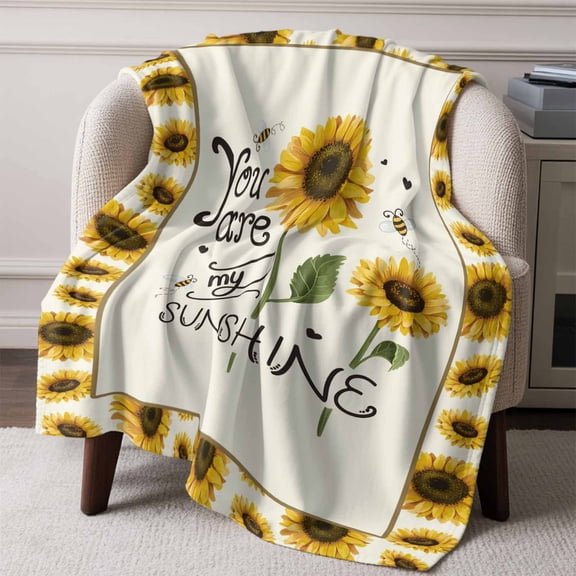 Flannel Fleece Throw Blanket Watercolor Sunflower Farm Plants Lightweight Soft Plush Blankets,Positive Energy Quote Cozy Warm Throw Blanket for Couch Sofa Bed Car Office All Season Use 60x80in