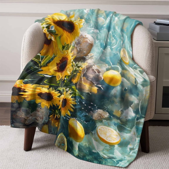 Flannel Fleece Throw Blanket Watercolor Sunflower Lemon Lightweight Soft Plush Blankets,Gradient Blue Water Ripple Cozy Warm Throw Blanket for Couch Sofa Bed Car Office All Season Use 60x80in