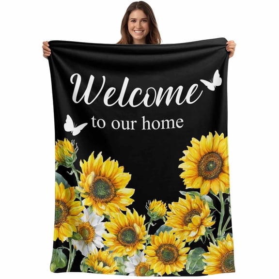 Flannel Fleece Throw Blanket Welcome Home Sunflower Funny Words Lightweight Soft Plush Blankets,Black Yellow Cozy Warm Throw Blanket for Couch Sofa Bed Car Office 40x50in