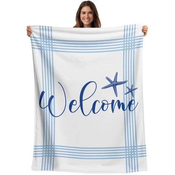 Flannel Fleece Throw Blanket Welcome Words Blue Stripe Lightweight Soft Plush Blankets,Marine Life Starfish Cozy Warm Throw Blanket for Couch Sofa Bed Car Office 40x50in