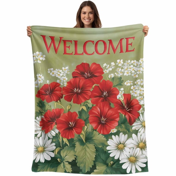 Flannel Fleece Throw Blanket Welcome Words Red Flower Lightweight Soft Plush Blankets,Retro Floral on Green Cozy Warm Throw Blanket for Couch Sofa Bed Car Office 40x50in