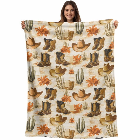 Flannel Fleece Throw Blanket Western Retro Cowboy Boot Hat Lightweight Soft Plush Blankets,Summer Desert Cactus Cozy Warm Throw Blanket for Couch Sofa Bed Car Office 40x50in