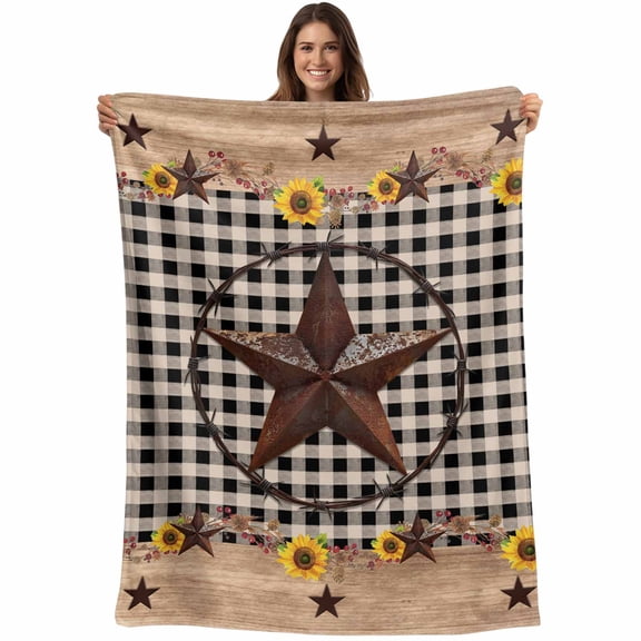 Flannel Fleece Throw Blanket Western Star Farm Sunflower Lightweight Soft Plush Blankets,Vintage Wood Grain Black Buffalo Plaid Cozy Warm Throw Blanket for Couch Sofa Bed Car Office 40x60in