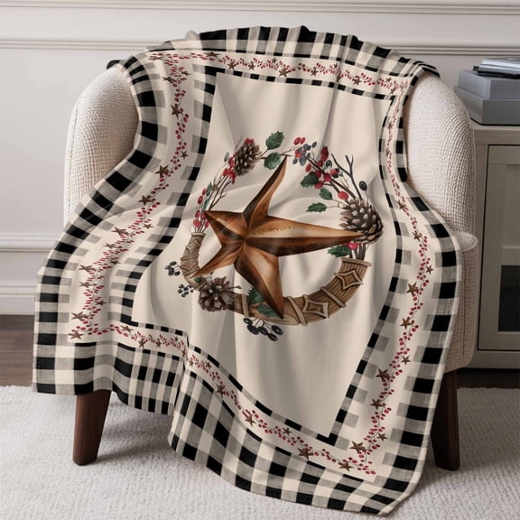 Flannel Fleece Throw Blanket Western Star Pinecone Garland Lightweight Soft Plush Blankets,Vintage Black Buffalo Plaid Cozy Warm Throw Blanket for Couch Sofa Bed Car Office All Season Use 50x60in