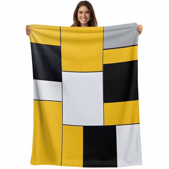Flannel Fleece Throw Blanket White Black Yellow Patchwork Lightweight Soft Plush Blankets,Abstract Geometric Cozy Warm Throw Blanket for Couch Sofa Bed Car Office 40x50in