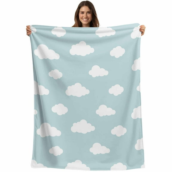 Flannel Fleece Throw Blanket White Clouds Blue Sky Lightweight Soft Plush Blankets,Minimalist Cartoon Style Cozy Warm Throw Blanket for Couch Sofa Bed Car Office All Season Use 40x50in