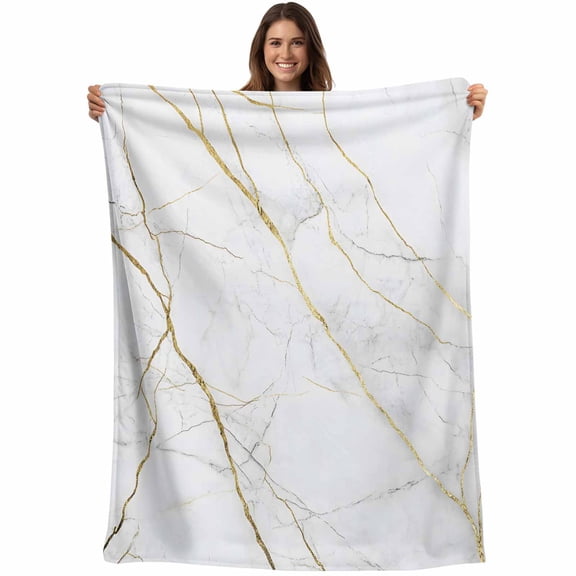 Flannel Fleece Throw Blanket White Marble Gold Stripes Lightweight Soft Plush Blankets,Modern Abstract Geometric Cozy Warm Throw Blanket for Couch Sofa Bed Car Office 40x50in