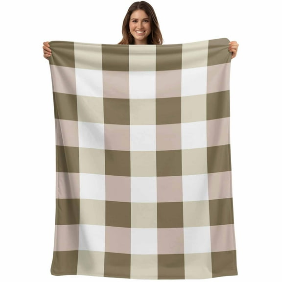 Flannel Fleece Throw Blanket White Mocha Brown Buffalo Plaid Lightweight Soft Plush Blankets,Gingham Farmhouse Cozy Warm Throw Blanket for Couch Sofa Bed Car Office 40x50in