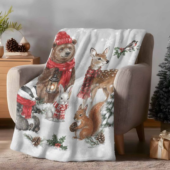 Flannel Fleece Throw Blanket Winter Christmas Bear Deer Rabbit Lightweight Soft Plush Blankets 30x40in, Snowflake Squirrel Gray Cozy Warm Throw Blanket for Couch Sofa Bed Car Office