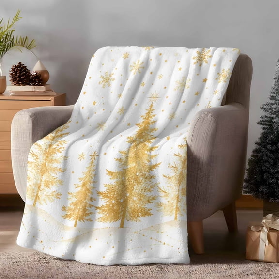 Flannel Fleece Throw Blanket Winter Christmas Gold Pine Trees Lightweight Soft Plush Blankets 30x40in, Snowflake on White Cozy Warm Throw Blanket for Couch Sofa Bed Car Office