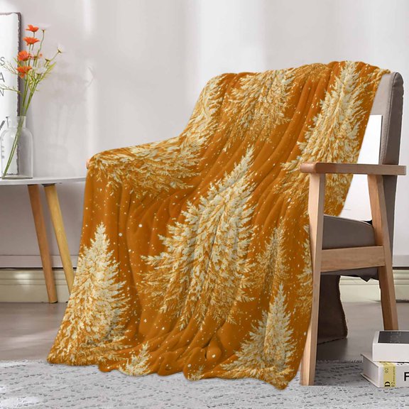 Flannel Fleece Throw Blanket Winter Pine Tree Seamless Lightweight Soft Plush Blankets 40x50in, Rustic Christmas Trees on Gold Cozy Warm Throw Blanket for Couch Sofa Bed Car Office