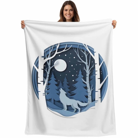 Flannel Fleece Throw Blanket Winter Wolves Blue Pine Tree Forest Lightweight Soft Plush Blankets,Winter Snowflakes Cozy Warm Throw Blanket for Couch Sofa Bed Car Office 40x50in