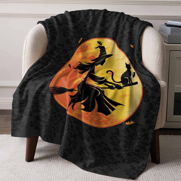 Flannel Fleece Throw Blanket Witch Broom Halloween Night Moon Lightweight Soft Plush Blankets,Pumpkin Bat Black Damask Flower Cozy Warm Throw Blanket for Couch Sofa Bed Car Office 50x60in