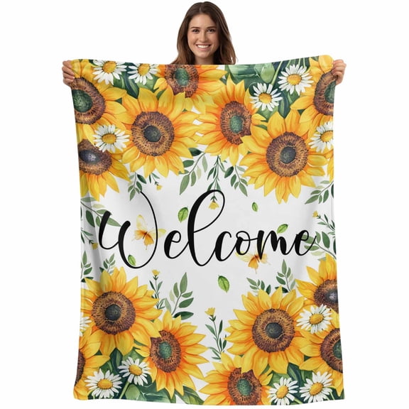 Flannel Fleece Throw Blanket Yellow Sunflower Pastoral Daisy Lightweight Soft Plush Blankets,Butterfly Welcome Quote Cozy Warm Throw Blanket for Couch Sofa Bed Car Office 40x50in
