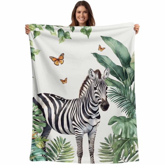 Flannel Fleece Throw Blanket Zebra Tropical Leaves Jungle Lightweight Soft Plush Blankets,Black Stripes Animal Portrait Cozy Warm Throw Blanket for Couch Sofa Bed Car Office All Season Use 40x50in