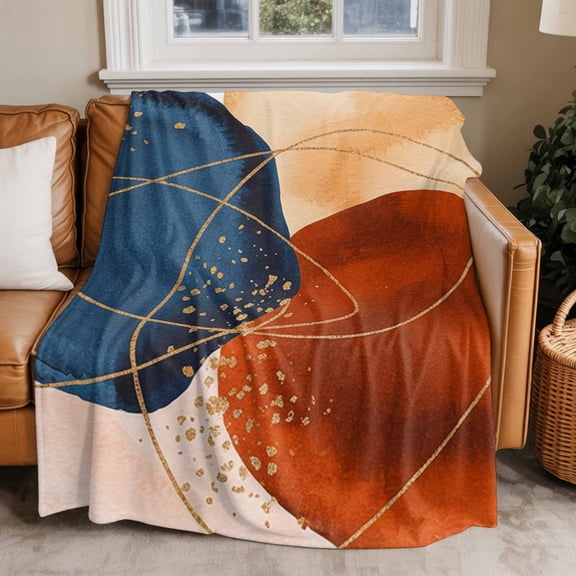 Flannel Fleece Throw Blankets Abstract Boho Geometric Art Throws Blankets, Navy Blue Burnt Orange Graffiti Lightweight Soft Warm Blanket for Couch Sofa Bed Living Room All Season Use, 50x60in