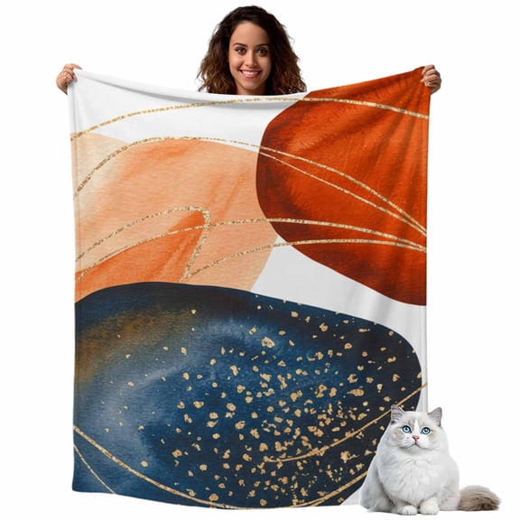 Flannel Fleece Throw Blankets Abstract Boho Geometric Line Throws Blankets, Ombre Navy Blue Burnt Orange Lightweight Soft Warm Blanket for Couch Sofa Bed Living Room All Season Use, 40x50in