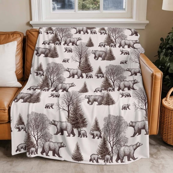 Flannel Fleece Throw Blankets Abstract Forest Animals Bear Tree Throws Blankets, Natural Plants Lightweight Soft Warm Blanket for Couch Sofa Bed Living Room All Season Use, 50x60in