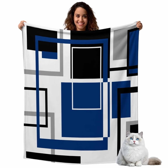 Flannel Fleece Throw Blankets Abstract Geometric Navy Blue Color Block Throws Blankets, Gray Stripe Modern Art Lightweight Soft Warm Blanket for Couch Sofa Bed Living Room All Season Use, 40x50in