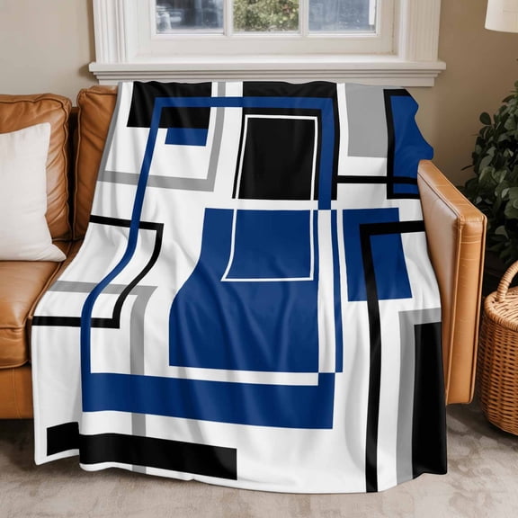 Flannel Fleece Throw Blankets Abstract Geometric Navy Blue Color Block Throws Blankets, Gray Stripe Modern Art Lightweight Soft Warm Blanket for Couch Sofa Bed Living Room All Season Use, 50x60in