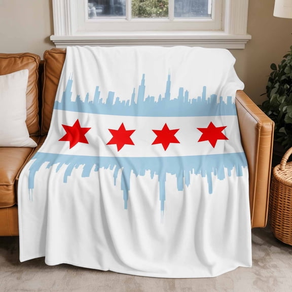 Flannel Fleece Throw Blankets Abstract Geometric Red Star Throws Blankets, Building Silhouette Ombre Blue Lightweight Soft Warm Blanket for Couch Sofa Bed Living Room All Season Use, 50x60in