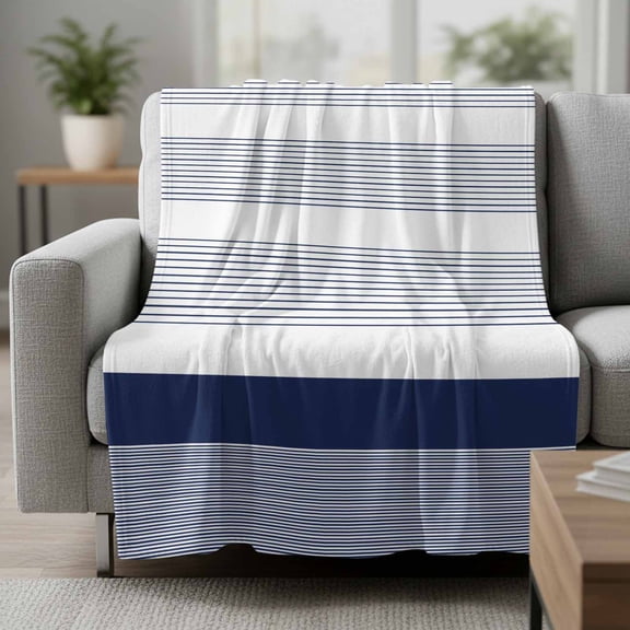 Flannel Fleece Throw Blankets Abstract Navy Blue Stripe Line Throws Blankets, Classic Minimalist Lines Lightweight Soft Warm Blanket for Couch Sofa Bed Living Room All Season Use, 30x40in