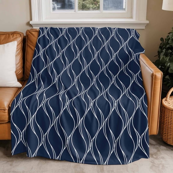 Flannel Fleece Throw Blankets Abstract Navy Blue Waves Line Throws Blankets, Classic White Striped Wavy Lightweight Soft Warm Blanket for Couch Sofa Bed Living Room All Season Use, 50x60in