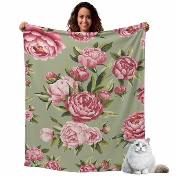 Flannel Fleece Throw Blankets Abstract Pink Flowers on Green Throws Blankets, Farm Floral Art Lightweight Soft Warm Blanket for Couch Sofa Bed Living Room All Season Use, 40x50in