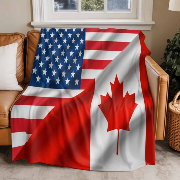 Flannel Fleece Throw Blankets American Canada Flag Throws Blankets, Stripe Star Leaf Red Blue White Theme Lightweight Soft Warm Blanket for Couch Sofa Bed Living Room All Season Use, 50x60in