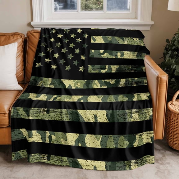 Flannel Fleece Throw Blankets American Retro Stars and Stripes Flag Throws Blankets, Forests Army Camouflage Lightweight Soft Warm Blanket for Couch Sofa Bed Living Room All Season Use, 50x60in