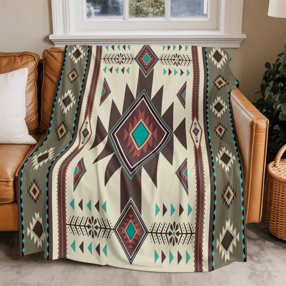 Flannel Fleece Throw Blankets Aztec Tribal Ethnic Style Throws Blankets, Retro Brown Geometric Lightweight Soft Warm Blanket for Couch Sofa Bed Living Room All Season Use, 50x60in