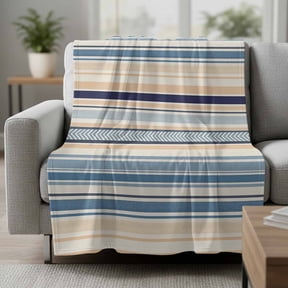 Flannel Fleece Throw Blankets Blue Beige Stripes Lines Throws Blankets, Abstract Geometric Pattern Lightweight Soft Warm Blanket for Couch Sofa Bed Living Room All Season Use, 30x40in