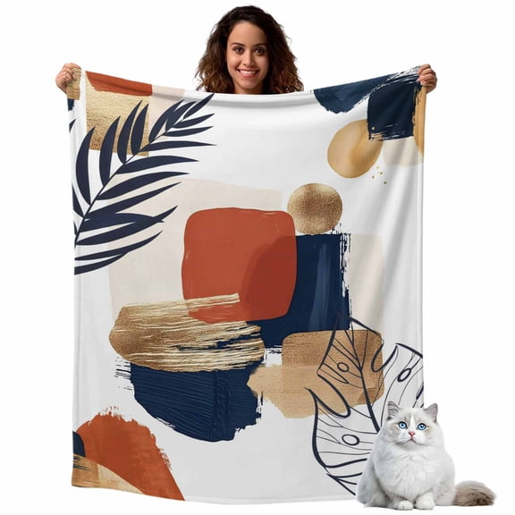 Flannel Fleece Throw Blankets Boho Geometric Tropical Palm Leaf Throws Blankets, Mid Century Abstract Lightweight Soft Warm Blanket for Couch Sofa Bed Living Room All Season Use, 40x50in