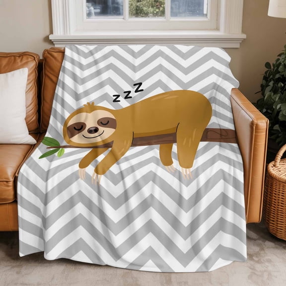 Flannel Fleece Throw Blankets Cartoon Sloth Tree Branch Throws Blankets, Gray Chevron Stripe Animal Lightweight Soft Warm Blanket for Couch Sofa Bed Living Room All Season Use, 50x60in