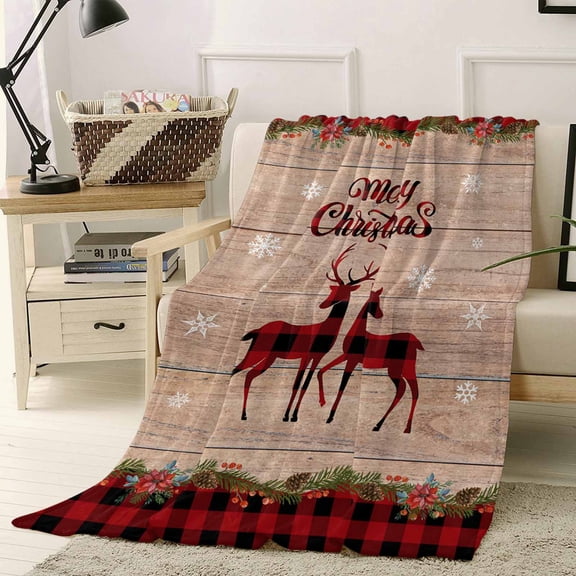 Flannel Fleece Throw Blankets Christmas Animal Elk Shadow Red Buffalo Plaid Throws Blankets, Winter Snowflake Berry Flower Lightweight Soft Warm Blanket for Sofa Living Room All Season Use, 50x60in
