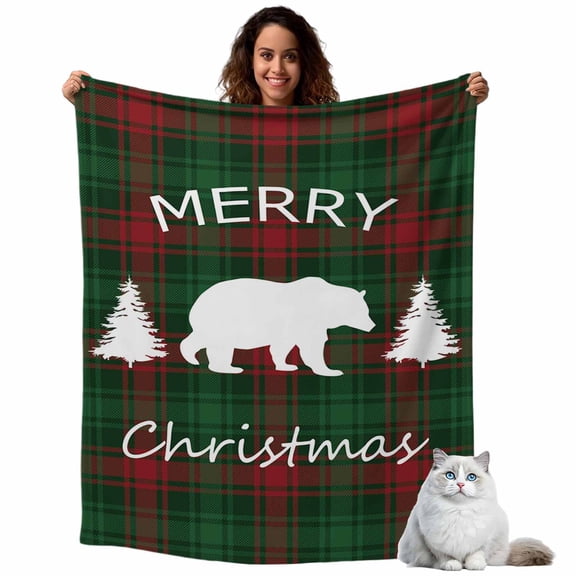Flannel Fleece Throw Blankets Christmas Animal Polar Bear Tree White Shadow Throws Blankets, Green Red Buffalo Gingham Lightweight Soft Warm Blanket for Sofa Bed Living Room All Season Use, 40x50in