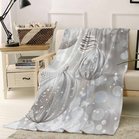 Flannel Fleece Throw Blankets Christmas Gradient Shiny Gray Balls Throws Blankets, Xmas Romantic Theme Lightweight Soft Warm Blanket for Couch Sofa Bed Living Room All Season Use, 50x60in