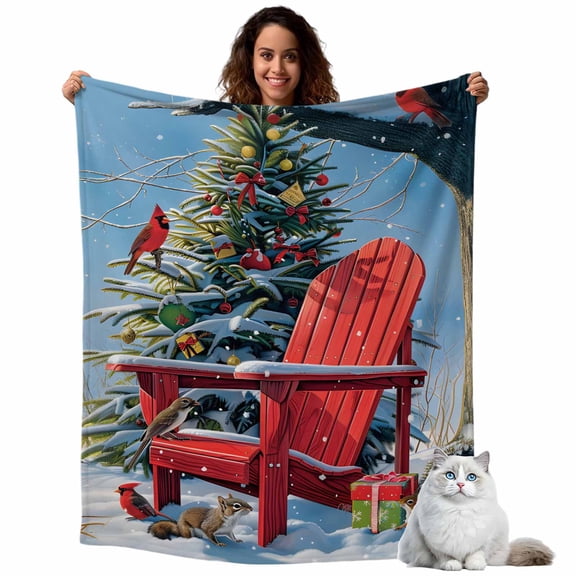 Flannel Fleece Throw Blankets Christmas Red Chair Snowy Xmas Tree Gift Throws Blankets, Cute Cardinal Squirrel Lightweight Soft Warm Blanket for Couch Sofa Bed Living Room All Season Use, 40x50in