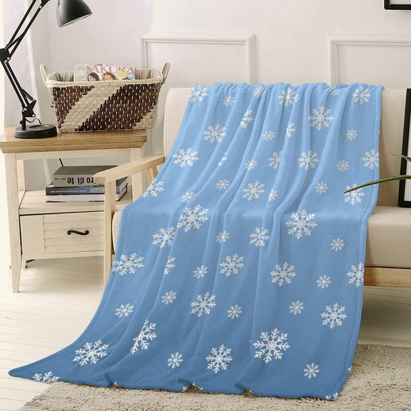 Flannel Fleece Throw Blankets Christmas Snowflakes Winter Falling Snow Throws Blankets, Blue Gradient Lightweight Soft Warm Blanket for Couch Sofa Bed Living Room All Season Use, 50x60in