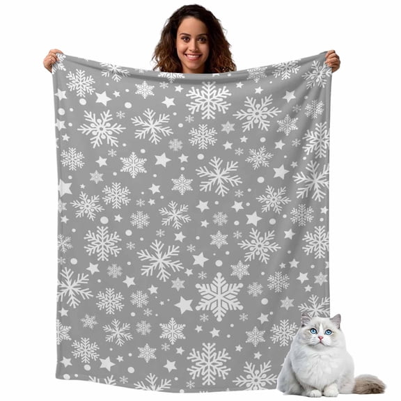 Flannel Fleece Throw Blankets Christmas Snowflakes Winter Snowy Throws Blankets, Gray White Snow Lightweight Soft Warm Blanket for Couch Sofa Bed Living Room All Season Use, 40x50in