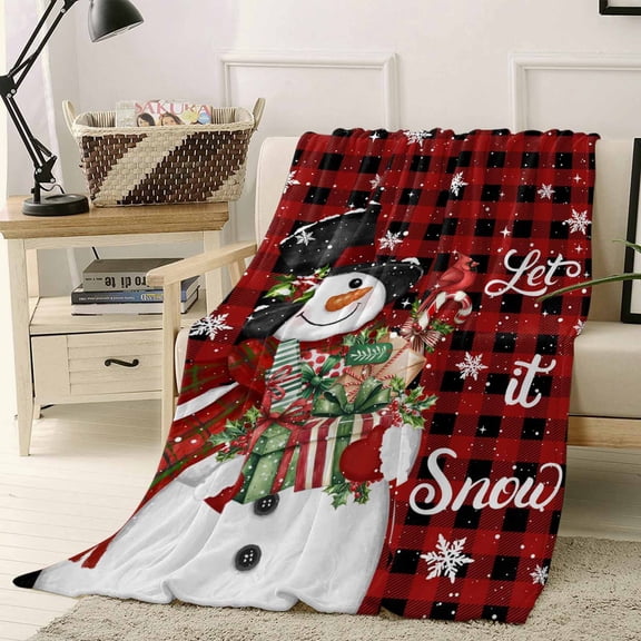 Flannel Fleece Throw Blankets Christmas Snowman Snow Cardinal Throws Blankets, Red Black Buffalo Plaid Lightweight Soft Warm Blanket for Couch Sofa Bed Living Room All Season Use, 50x60in