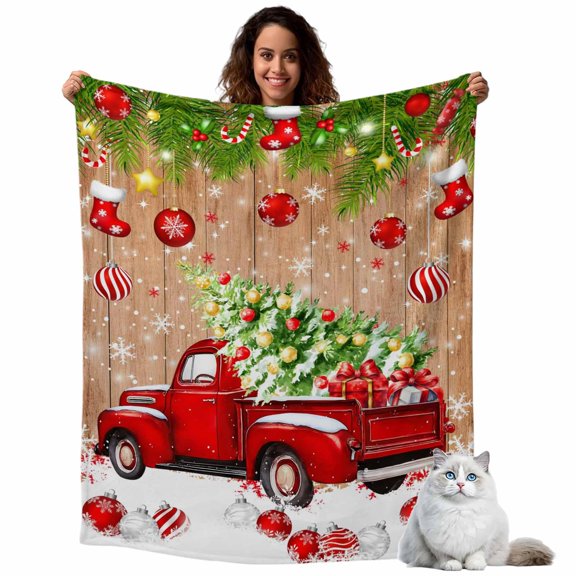 Flannel Fleece Throw Blankets Christmas Trucks Pine Tree Snow Throws Blankets, Xmas Ball Socks Retro Plank Lightweight Soft Warm Blanket for Couch Sofa Bed Living Room All Season Use, 40x50in
